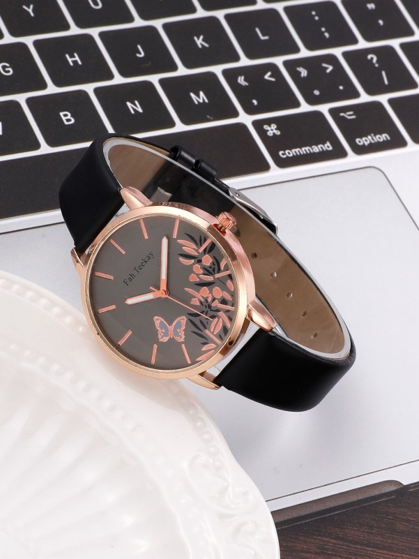 Floral & Butterfly Print Dial Quartz Watch