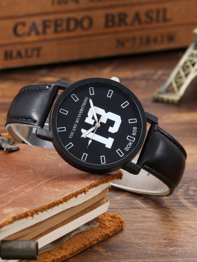 Men Letter Graphic Dial Round Pointer Quartz Watch