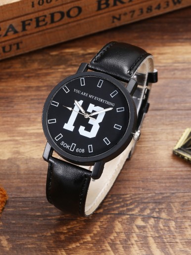 Men Letter Graphic Dial Round Pointer Quartz Watch