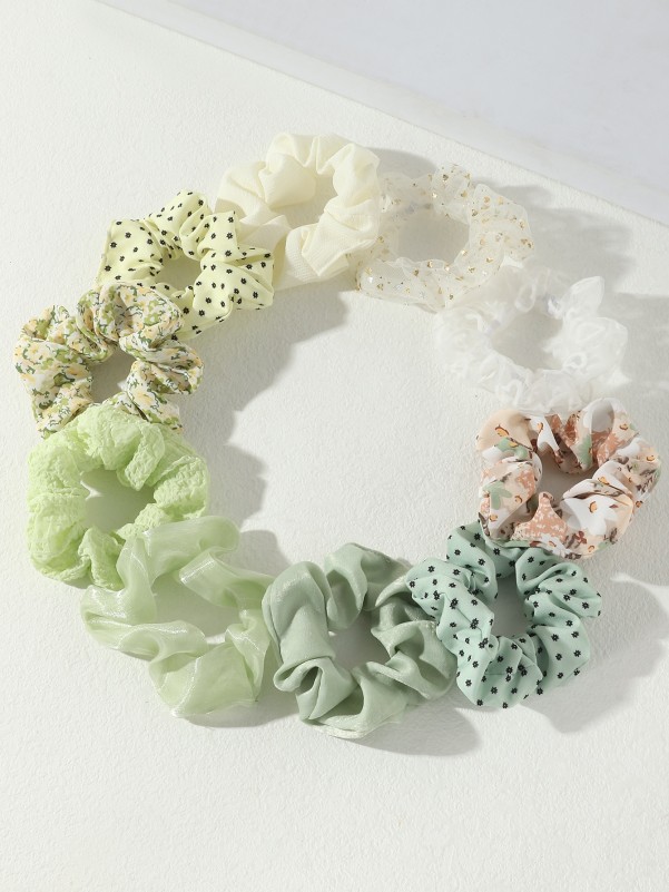 10pcs Ditsy Floral & Foil Heart Print Scrunchie