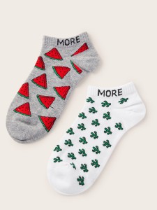 Men Watermelon & Cactus Pattern Invisible Socks 2pairs