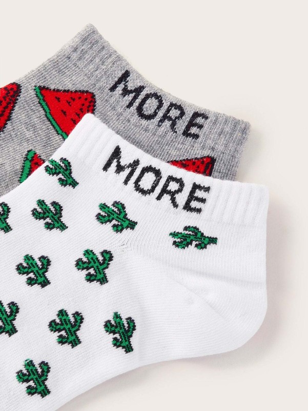 Men Watermelon & Cactus Pattern Invisible Socks 2pairs