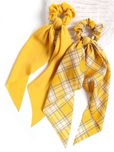 2pcs Plaid Pattern Scarf Hair Tie