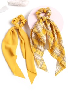 2pcs Plaid Pattern Scarf Hair Tie