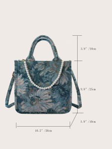 Faux Pearl Decor Floral Graphic Tote Bag