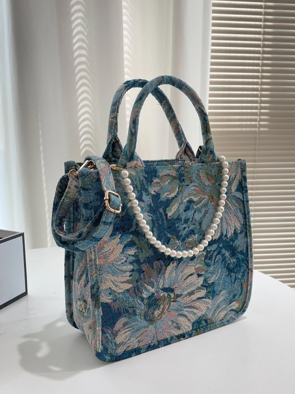 Faux Pearl Decor Floral Graphic Tote Bag