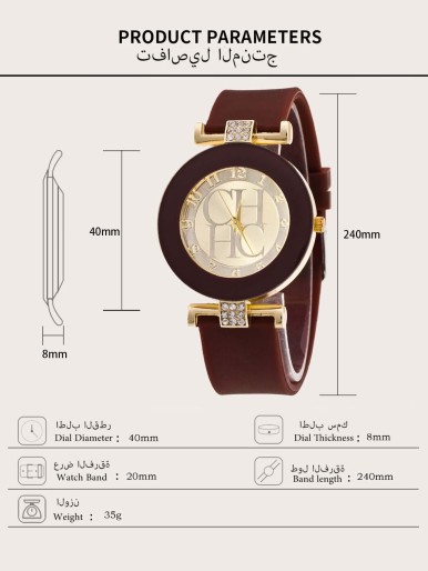 2pcs Rhinestone Decor Quartz Watch With Bracelet Set