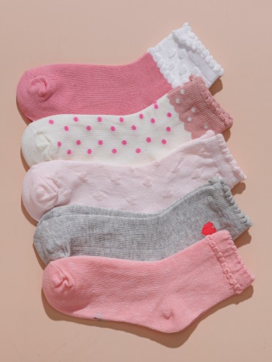 5pairs Kids Polka Dot & Heart Print Crew Socks