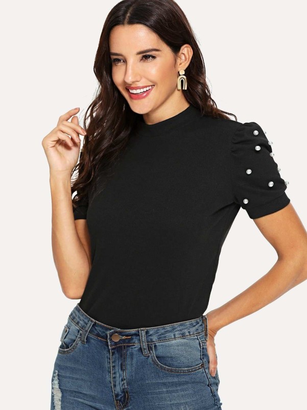 Mock Neck Pearl Detail Puff Sleeve Tee