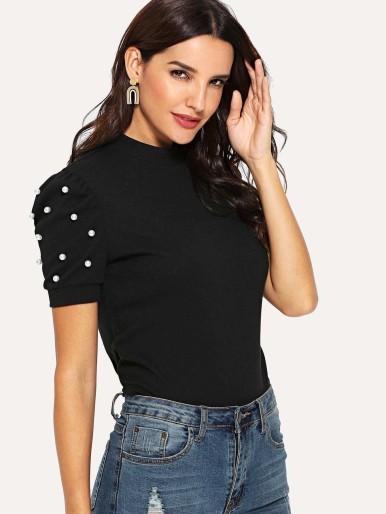 Mock Neck Pearl Detail Puff Sleeve Tee