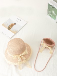 Girls Bow Decor Woven Bucket Bag With Hat