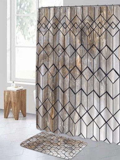 1pc Geometric Print Bath Rug Or 1pc Shower Curtain