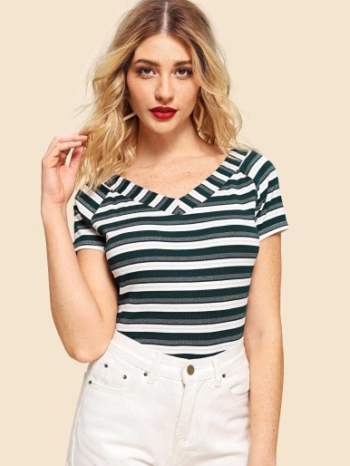 Raglan Sleeve Ribbed Striped T-shirt