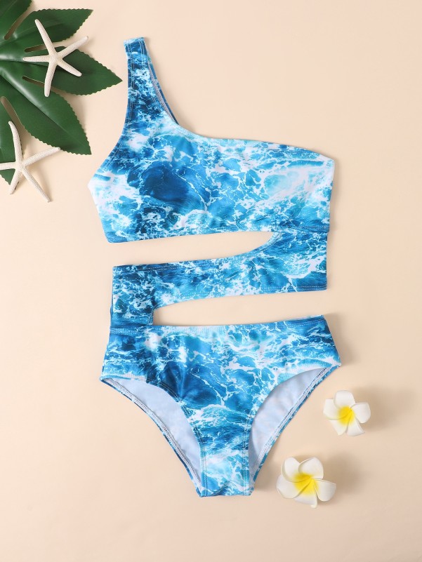 Girls Ocean Wave Cut-out One Shoulder One Piece Swimsuit