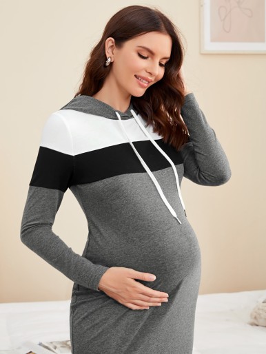 Maternity Colorblock Split Hem Drawstring Hooded Dress