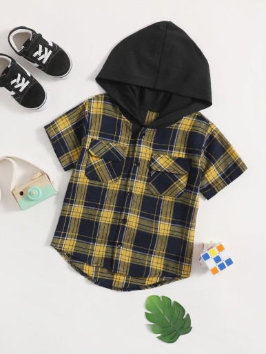 Toddler Boys Plaid Button Up Hooded Shirt