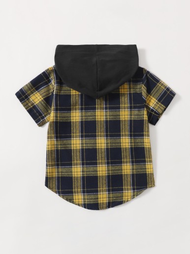 Toddler Boys Plaid Button Up Hooded Shirt