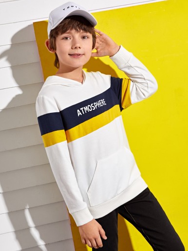Boys Patch Pocket Letter Graphic Colorblock Hoodie