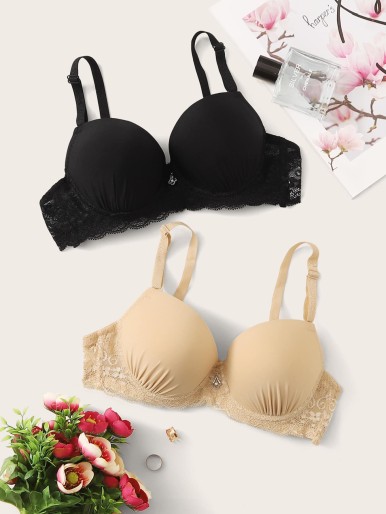 2pack Contrast Lace Ruched Bra