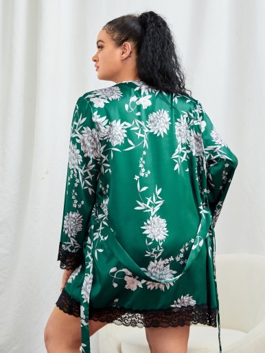 Plus Floral Print Contrast Lace Belted Robe