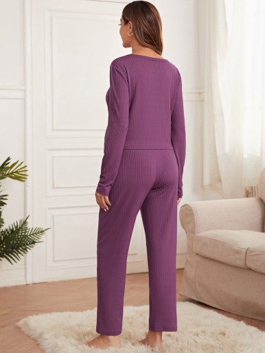 Maternity Ribbed Knit Top & Adjustable Waist Pants Lounge Set