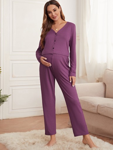 Maternity Ribbed Knit Top & Adjustable Waist Pants Lounge Set