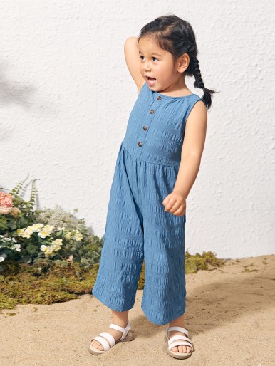 Toddler Girls Buttoned Front Sleeveless Jumpsuit