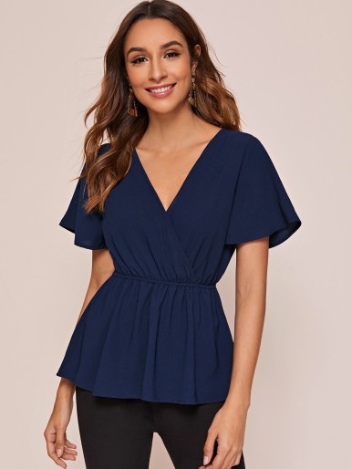 Surplice Front Solid Peplum Blouse