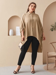 Plus Collared Batwing Sleeve Dip Hem Blouse