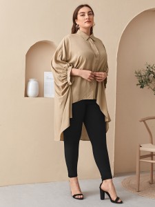 Plus Collared Batwing Sleeve Dip Hem Blouse