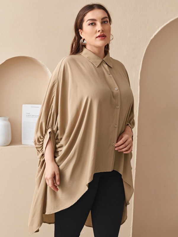 Plus Collared Batwing Sleeve Dip Hem Blouse