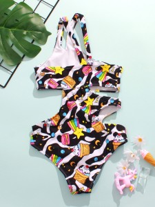 Girls Cartoon Graphic One Shoulder One Piece Swimsuit