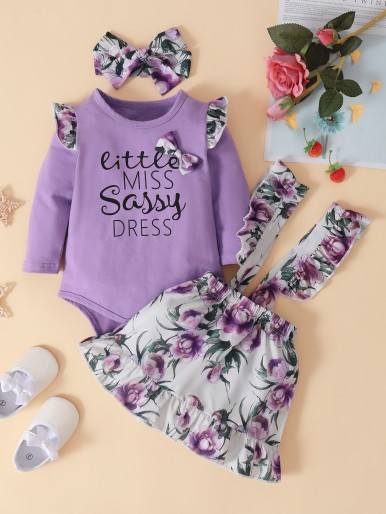 Baby Letter Graphic Ruffle Trim Bodysuit & Floral Suspender Skirt & Headband