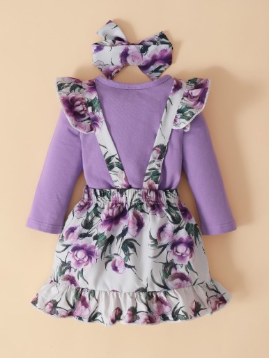 Baby Letter Graphic Ruffle Trim Bodysuit & Floral Suspender Skirt & Headband