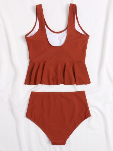 Plain Ruffle Hem High Waisted Bikini Swimsuit