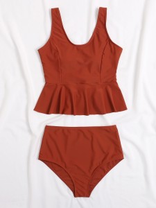 Plain Ruffle Hem High Waisted Bikini Swimsuit