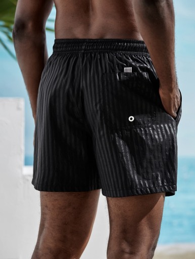 Men Drawstring Waist Slant Pocket Swim Trunks