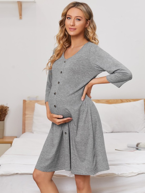 Maternity Solid Button Front Night Dress