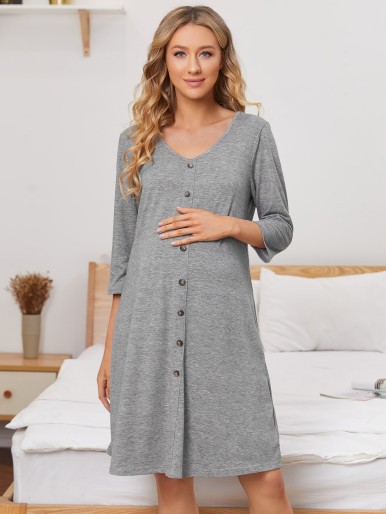 Maternity Solid Button Front Night Dress