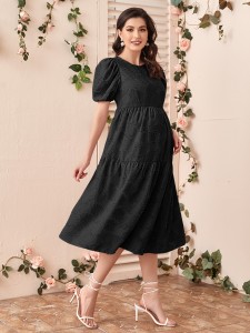 Maternity Puff Sleeve Ruffle Hem Applique Jacquard Dress