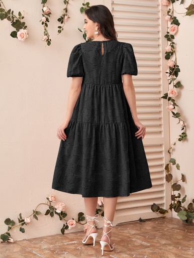 Maternity Puff Sleeve Ruffle Hem Applique Jacquard Dress