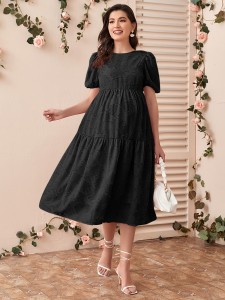 Maternity Puff Sleeve Ruffle Hem Applique Jacquard Dress