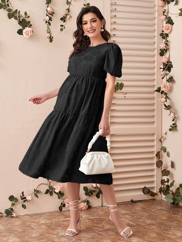 Maternity Puff Sleeve Ruffle Hem Applique Jacquard Dress