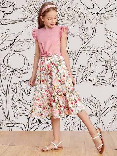 Girls Ruffle Armhole Tie Hem Top & Floral Skirt Set