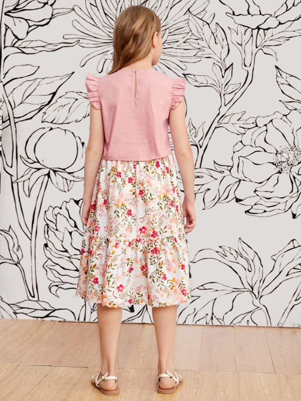 Girls Ruffle Armhole Tie Hem Top & Floral Skirt Set