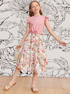 Girls Ruffle Armhole Tie Hem Top & Floral Skirt Set