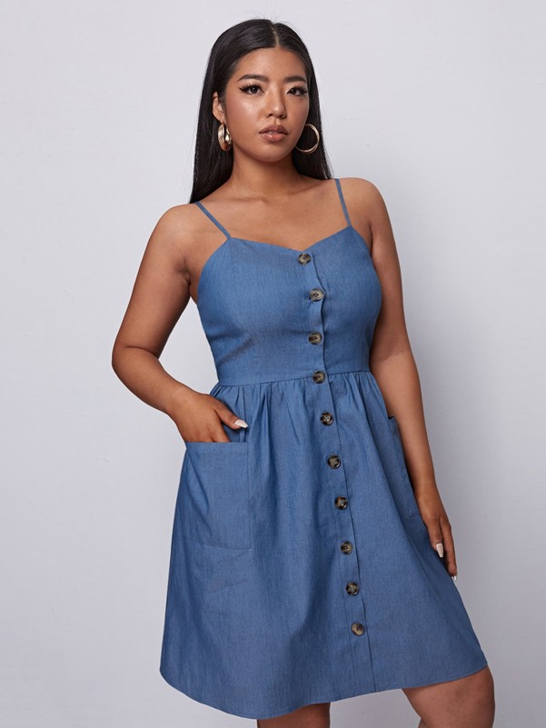 Plus Button Front Dual Pocket Shirred Back Denim Cami Dress