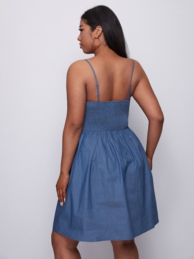 Plus Button Front Dual Pocket Shirred Back Denim Cami Dress