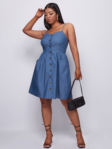 Plus Button Front Dual Pocket Shirred Back Denim Cami Dress