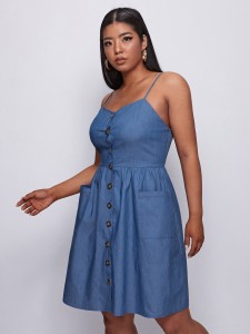 Plus Button Front Dual Pocket Shirred Back Denim Cami Dress